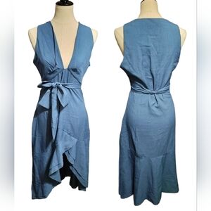 1814) CBR Women's Sleeveless Blue Ruffled  Hem Split Belted  Midi Dress Size XL